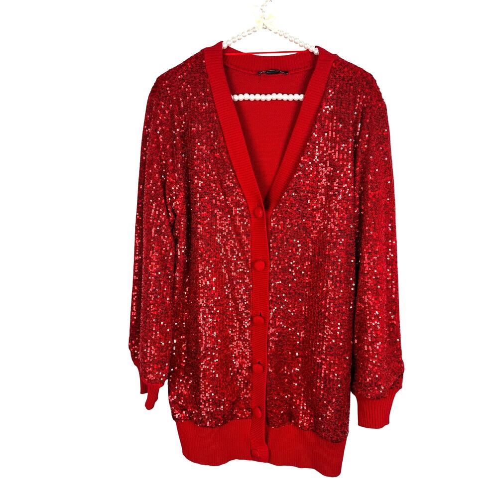 INC Red valentines sparkly sequin oversized cardigan medium
